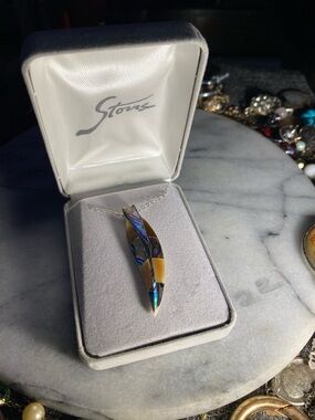 Abalone Inlay & Mother of Pearl Necklace in Shell Carved W Sterling Chain